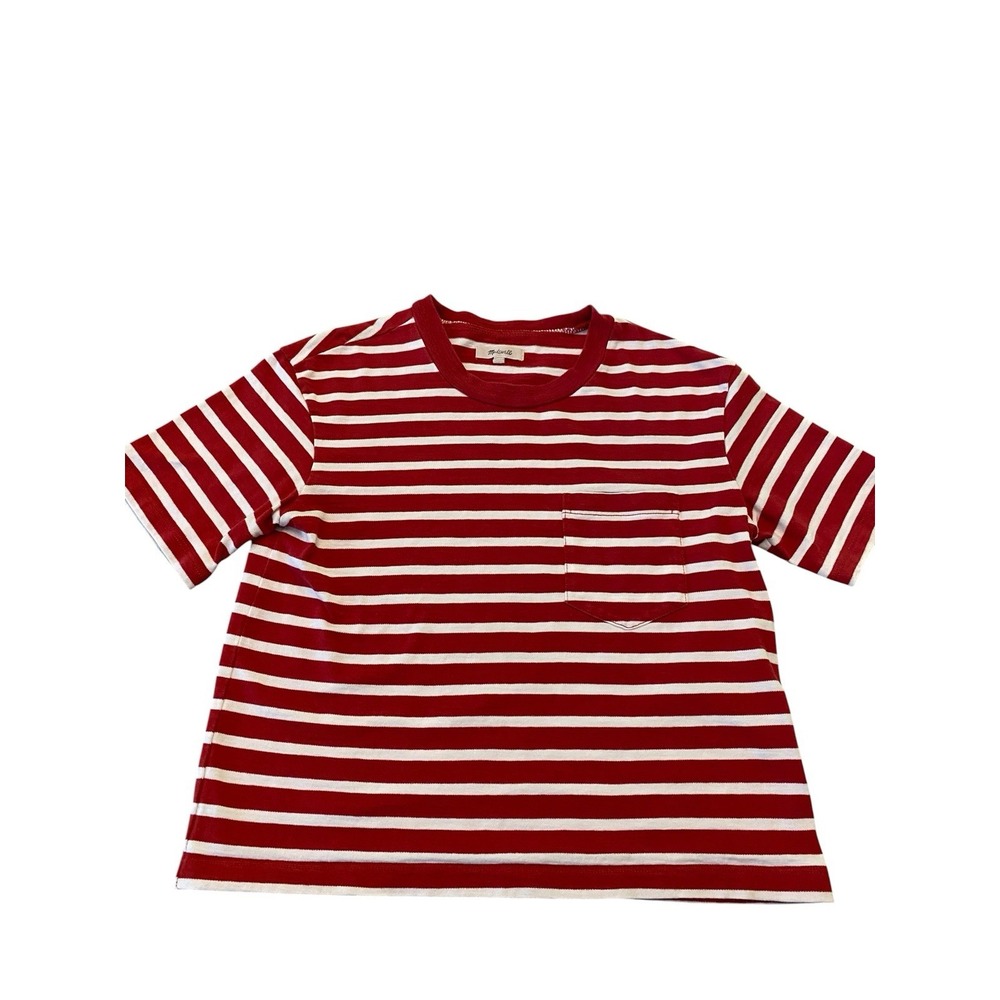 Madewell Womens XS T-Shirt Red White Striped Short Sleeve Cotton Pocket Tee Boxy